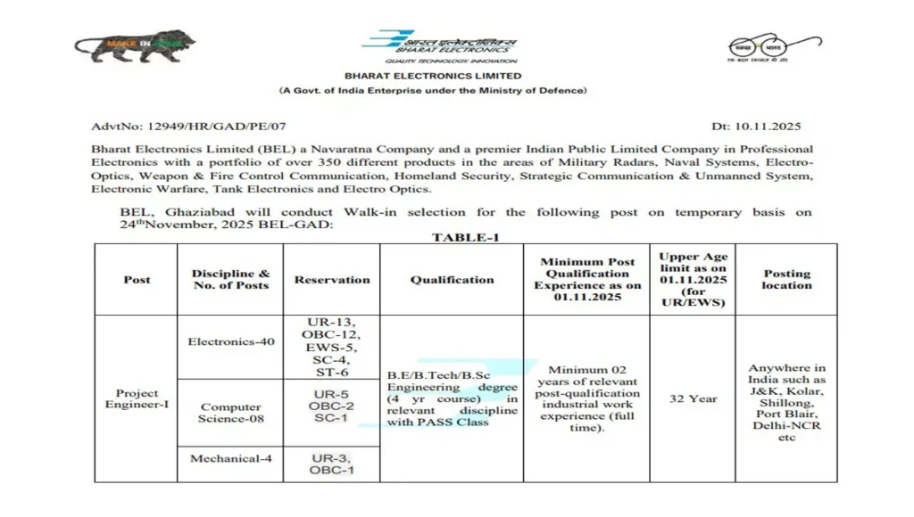 BEL Project Engineer Recruitment 2025