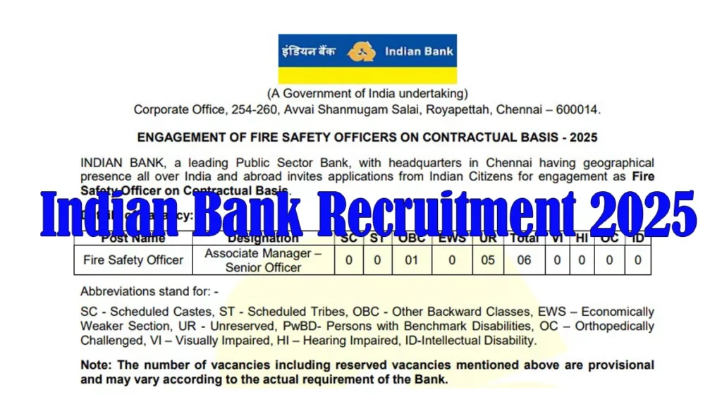 Indian Bank Fire Safety Officer Jobs 2025