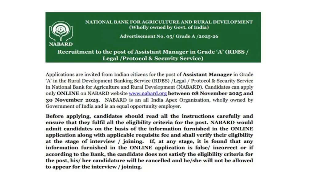 NABARD Assistant Manager Grade A Recruitment 2025
